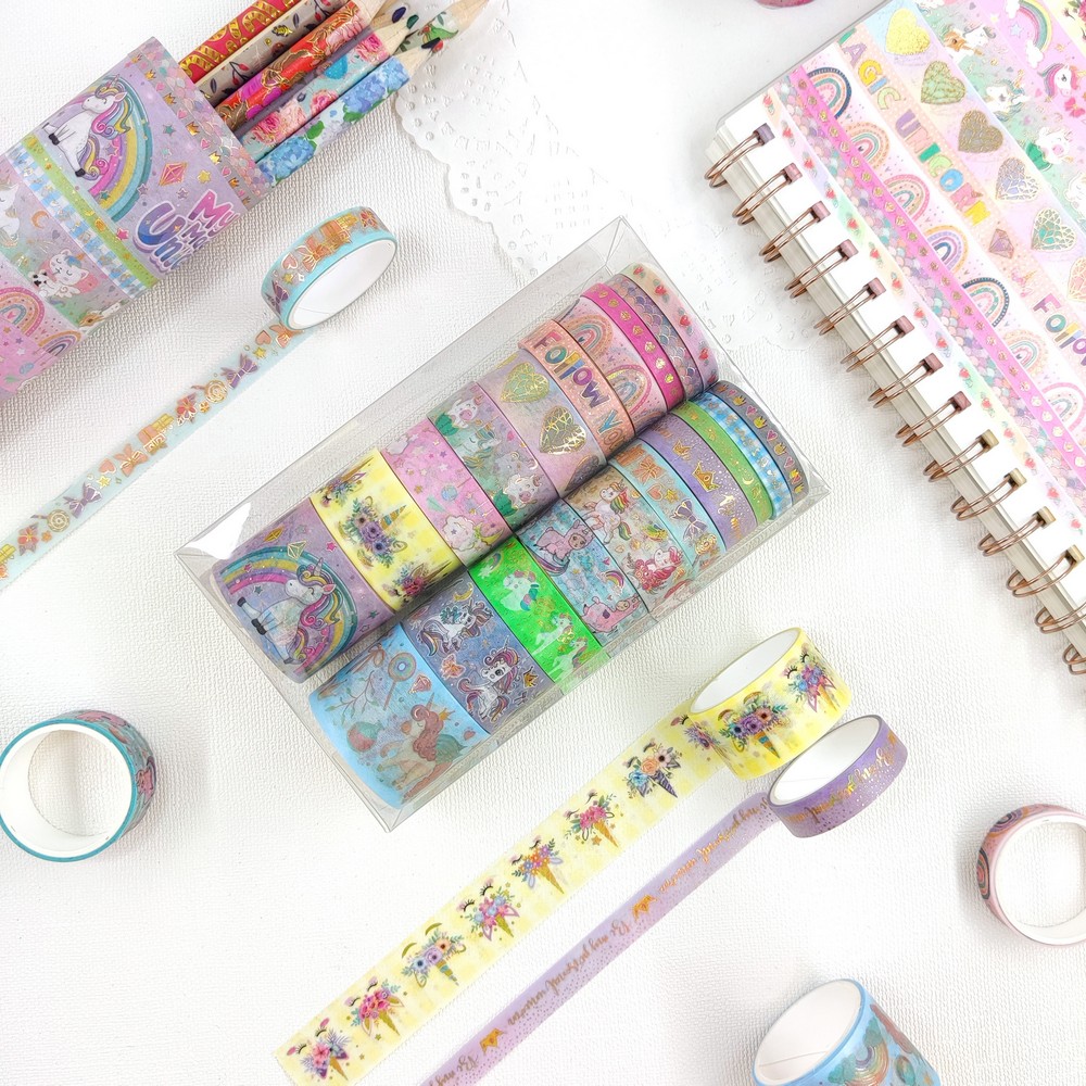 20 roll Unicorn washi tape set with golden foil